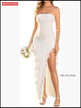 Mesh Strapless Tube Ruffle Slit Bodycon Maxi Long Cocktail Dress